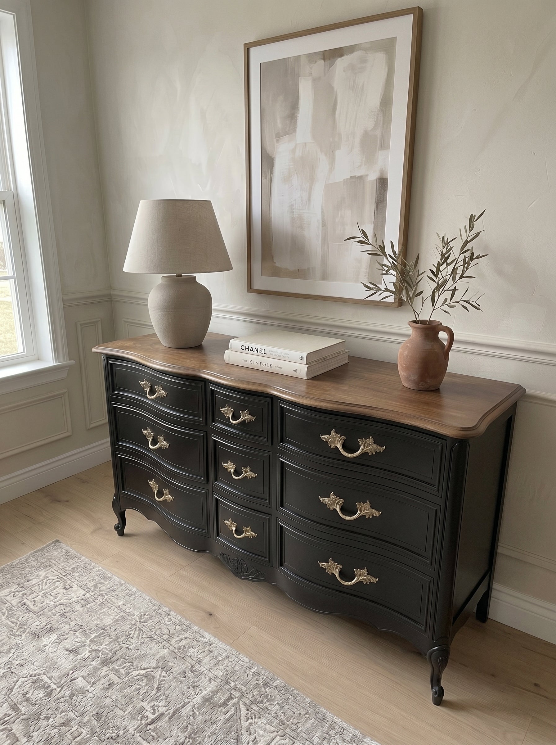 Professionally Restored Vintage Dixie French Provincial Dresser in dramatic black