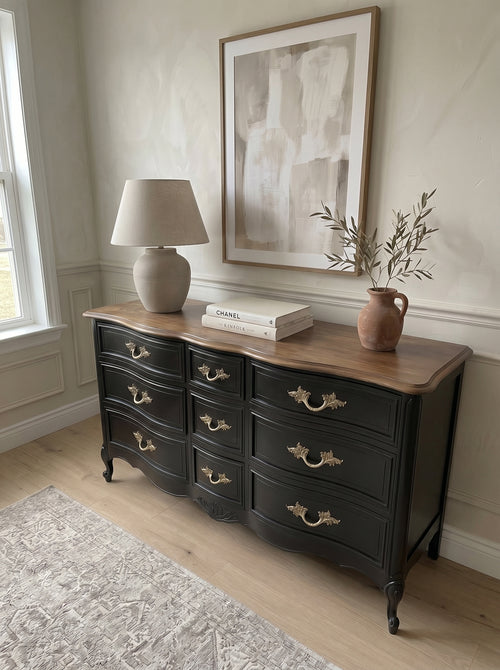 Professionally Restored Vintage Dixie French Provincial Dresser in dramatic black