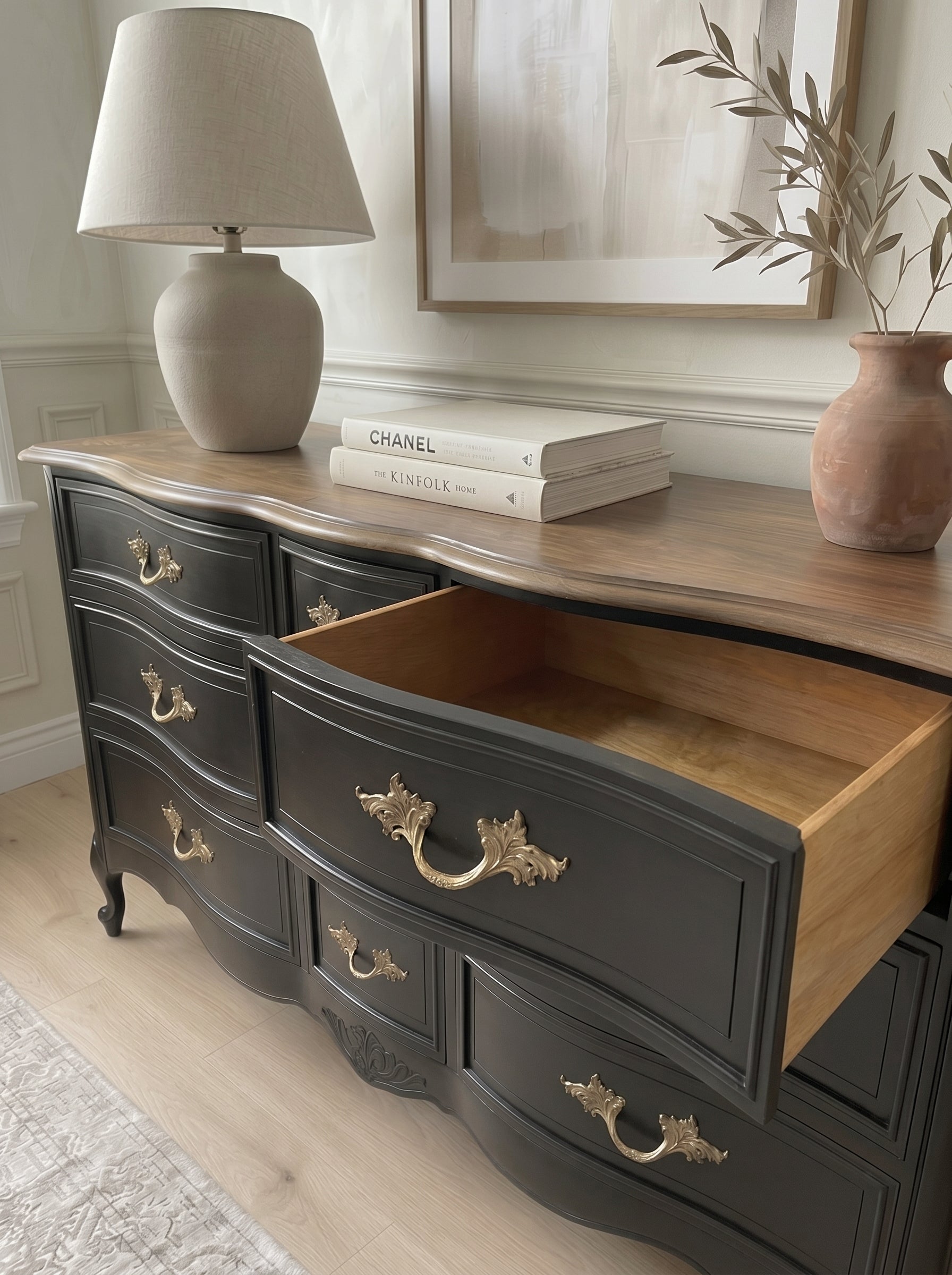 Professionally Restored Vintage Dixie French Provincial Dresser in dramatic black