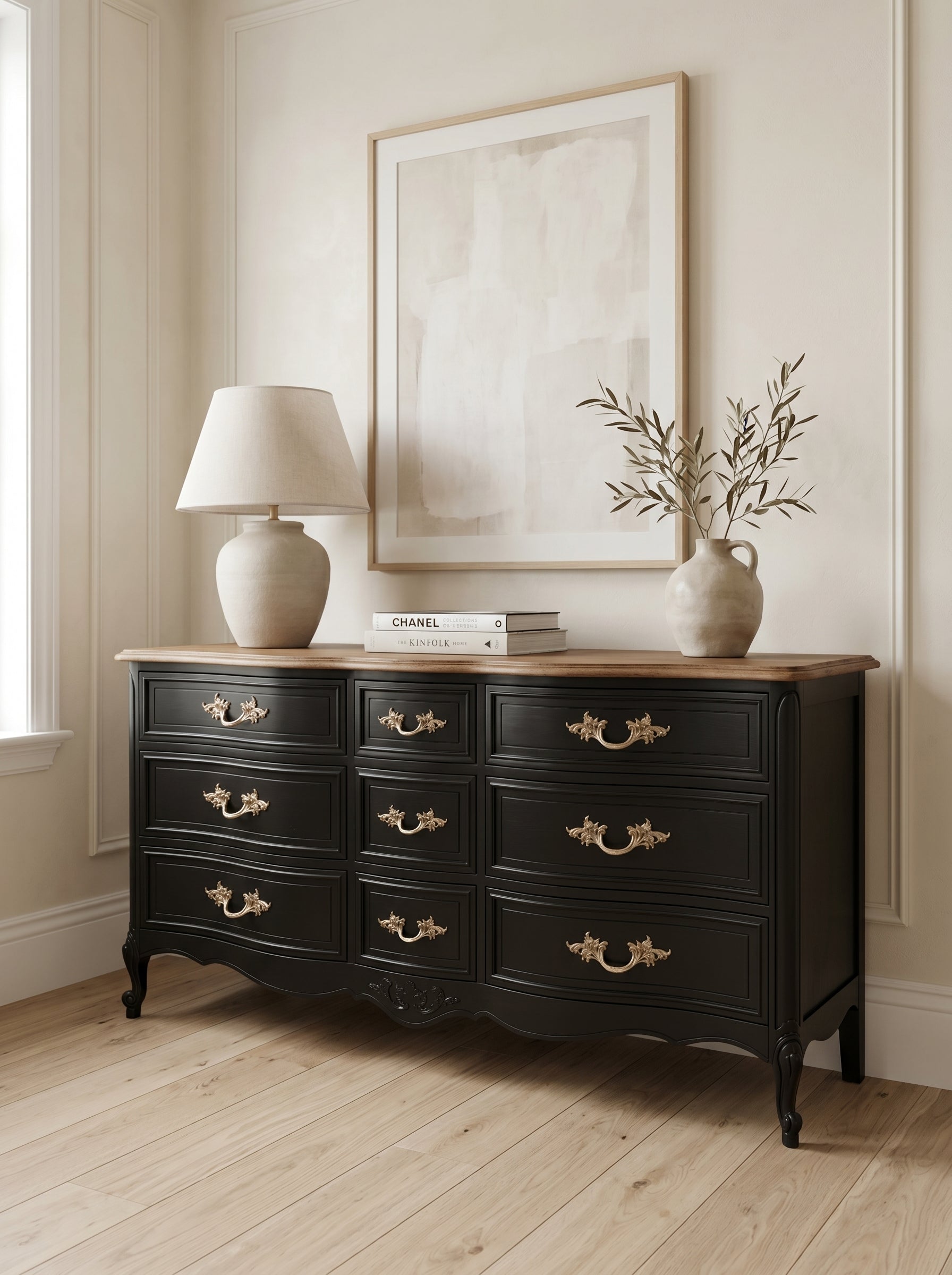 Professionally Restored Vintage Dixie French Provincial Dresser in dramatic black